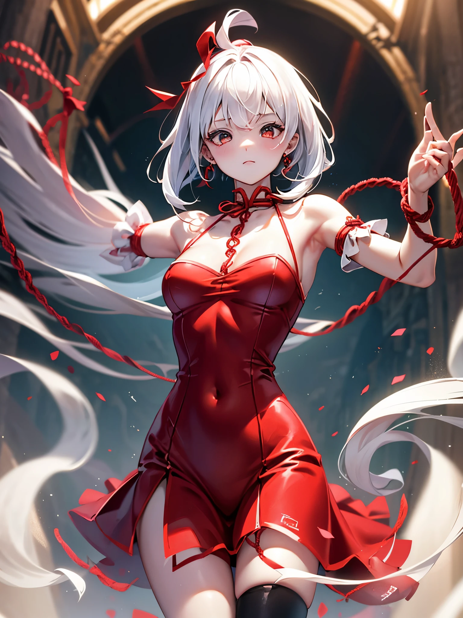 dancer, red dresses doll, showing off, masterpieces, HD, 16K, white hair, white eyes, red rope, scale up, perfect body shape, ghost, spirit, children, , cute, spiral, red ribbon