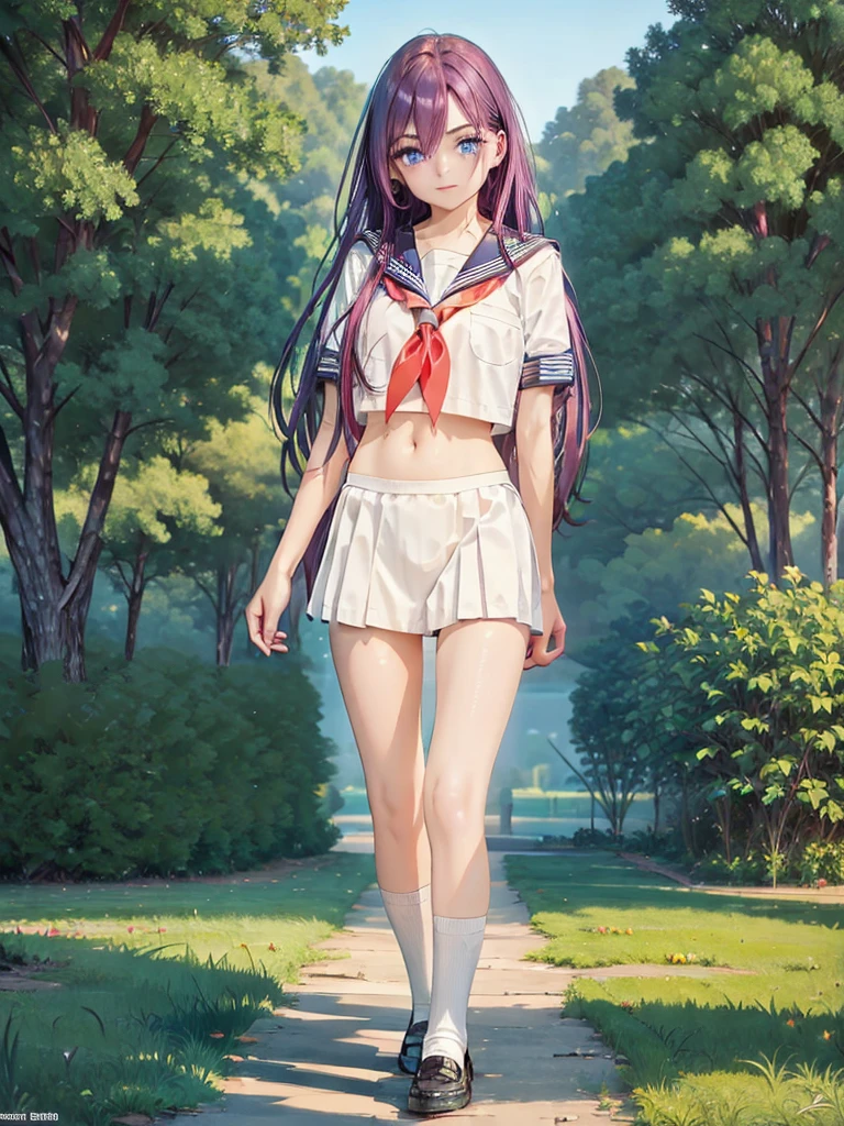 ((masterpiece)),(Best Quality),very detailed, (perfect anatomy)、beautiful female body, masterpiece、Ultra high quality、 8k、masterpiece、of the highest quality、ultra high resolution、maximum resolution、Very detailed、Professional lighting、cheered up、women、very beautiful face、very beautiful eyes、(very detailed eye)、blue eyes, Cara very detailed, beautiful and detailed face, official art,1 girl, Alone, Very long hair , by address, purple hair, belly button, sailor , diaphragm, realist, hinata, Tender smile, very big breasts, Beautiful figure, beautiful smile, Whole body, japanese schoolgirl(Sailor suit in black and white tones), short sleeve,short pleated skirt, Socks type gal, thigh high socks, muscle pants, Brown loafers,tomorrow,The sun is rising, view from below, rest outdoors, city,area, REST looking at the viewer, whole body, (perfect hands, perfect anatomy),