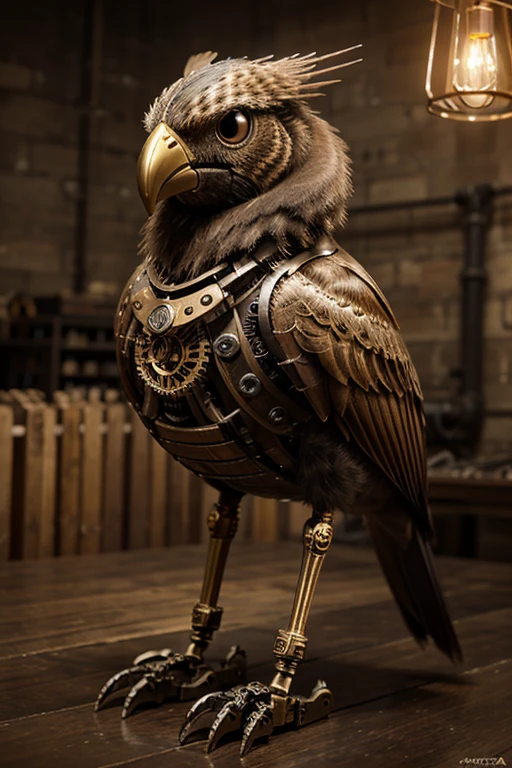 Create a detailed illustration of a steampunk-style mechanical bird. The bird should be orange with metallic and brass components. It should have gears, cogs, and wires visible on its body, giving it a robotic appearance. The eyes should be large and expressive, resembling glass orbs. The overall design should combine elements of both a real bird and mechanical parts, giving it a whimsical and futuristic look