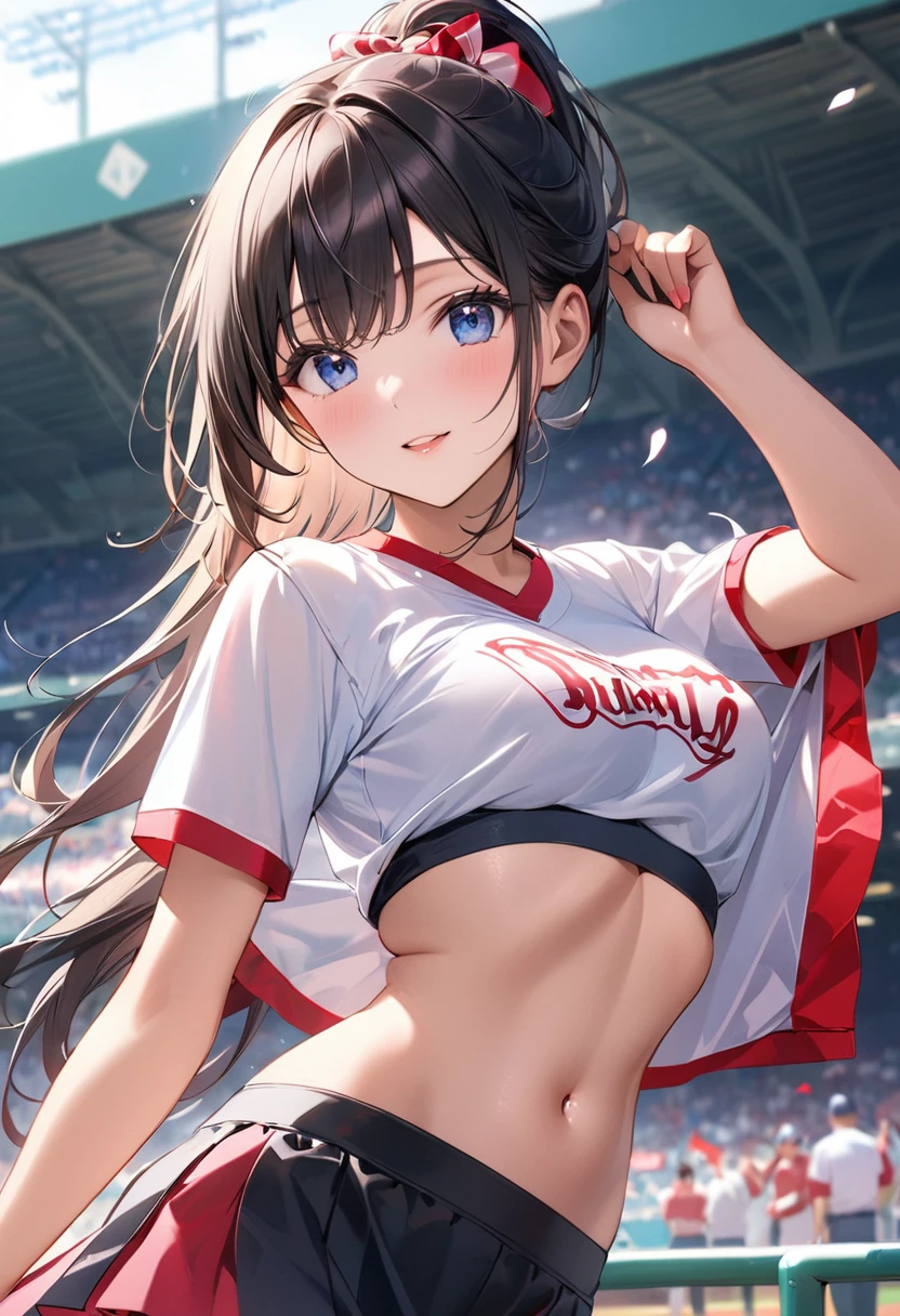 ((Highest quality))、((masterpiece))、(detailed)、((Anatomically correct))、One Woman、aldult、(look at me)、whole body、Low - Angle、(Ultra-glossy skin with attention to detail:1.1)、Glowing Skin、bangs、Semi-long hair、Shiny black hair、ponytail、(Beautiful Eyes:1.3)、Slim figure、medium breasts、cheer leading、(shirt lift:1.2)、tits、Nipples、pom-pom、baseball Ground