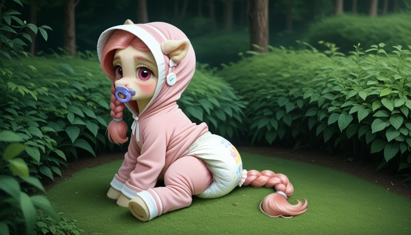 pony, beige earth pony, no horn, no wings, adult filly, lush mane braided into a braid, lush tail, sitting on a soft play mat, dressed in an onesie, bonnet and booties, pacifier in the mouth, solo, thick diaper under clothes, bulge on the back of the diaper, between the hind hooves and on the front of the diaper, sagging diaper, pink blush on cheeks, embarrassment, awkwardness.