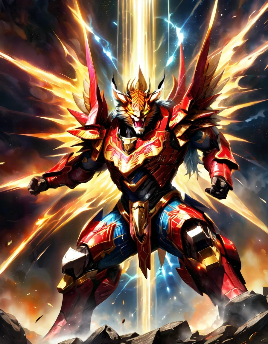 ((masterpiece,Highest quality)),Burn, burn, burn your rage Run, run towards tomorrow The flames of rage break through the heavens Rise from the ruins, Liger The miraculous bio-armor fights Even if you feel pain, there is nothing to fear Until the evil god is crushed Liger Sword A sacred sword that cuts through the sky Liger Slash Lightning roars, crimson fire Liger Liger Liger Liger, the angry beast god Liger Burn, burn, burn your rage Grab, grab, grab freedom Evil black clouds engulf the earth Liger resurrects from the rubble A cursed evil god Even the power of the imprisoned ancient god is not enough Now is the end of the century, it is time to awaken the hero Liger Sword A sacred sword given by god, Liger Sword Our fighter with holy blood, Liger Liger Liger, the angry beast god Liger Liger Sword A sacred sword that cuts through the sky, Liger Slash Lightning roars, crimson fire Liger Liger Liger Angry Beast God Liger
