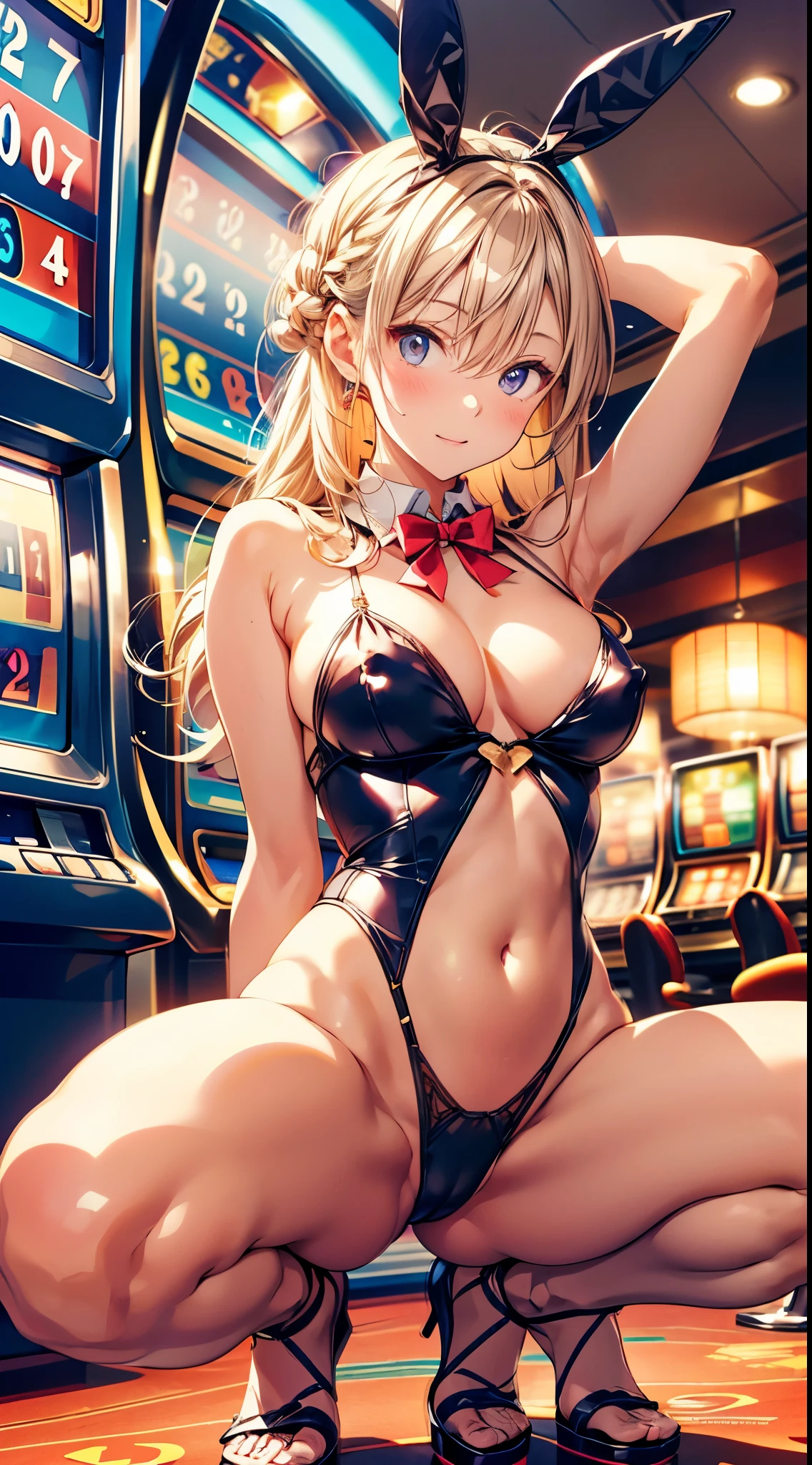 indoor,B1, Hair Bun, smile, sadistic smile, Put your arms behind your head:1.4, belly button, Long Hair:1.4, pantyhose,good,Large Breasts,latex, Raglan sleeves, Pink ribbon, Pink Eyes, Wavy Hair,(Highest quality), Realistic, (live-action, Intricate details), ((Japanese female college student squatting at the casino, Place your arms between your legs)), ((Playboy Bunny, Bunny ears, black Bunny ears, fake Bunny ears, pantyhose, black pantyhose, bow tie, Wrist cuff, Black leotard)), ((:1.4)), (blonde Long Hair:1.3, Short bangs), (neat face, Lips parted), Whiter skin, hard lighting:1.3, Roulette table, Slot Machines, Full Body Shot,From below,sadistic smile,Fishnet stockings,bright Pink Eyes,Glowing Eyes,Open your mouth、Sticking out tongue、Nipples are visible、naked