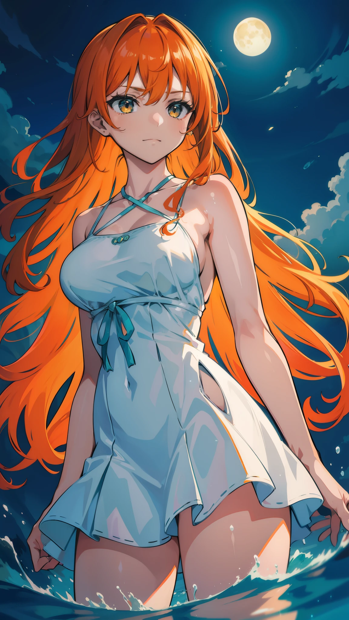 (nsfw), (masterpiece, Highest quality), ((One girl, alone, Long Orange Hair with a Hint of Shimmer)), Ishmael_edge, Innocent yet Alluring Look, Bare Arms with Goosebumps, Exposing Shoulders Glowing Under the Moonlight, Bare Neck with a Dewdrop, watercolor, Sundress Transformed into a Liquid Clothing by the Waves, water, Wave Crashing against Her, water dress Splashing and Molding to Her Shape, green_theme Incorporated Subtly in the Setting, Night Shrouded in Haze, Dark and Mysterious Ambiance, Sharp Focus on