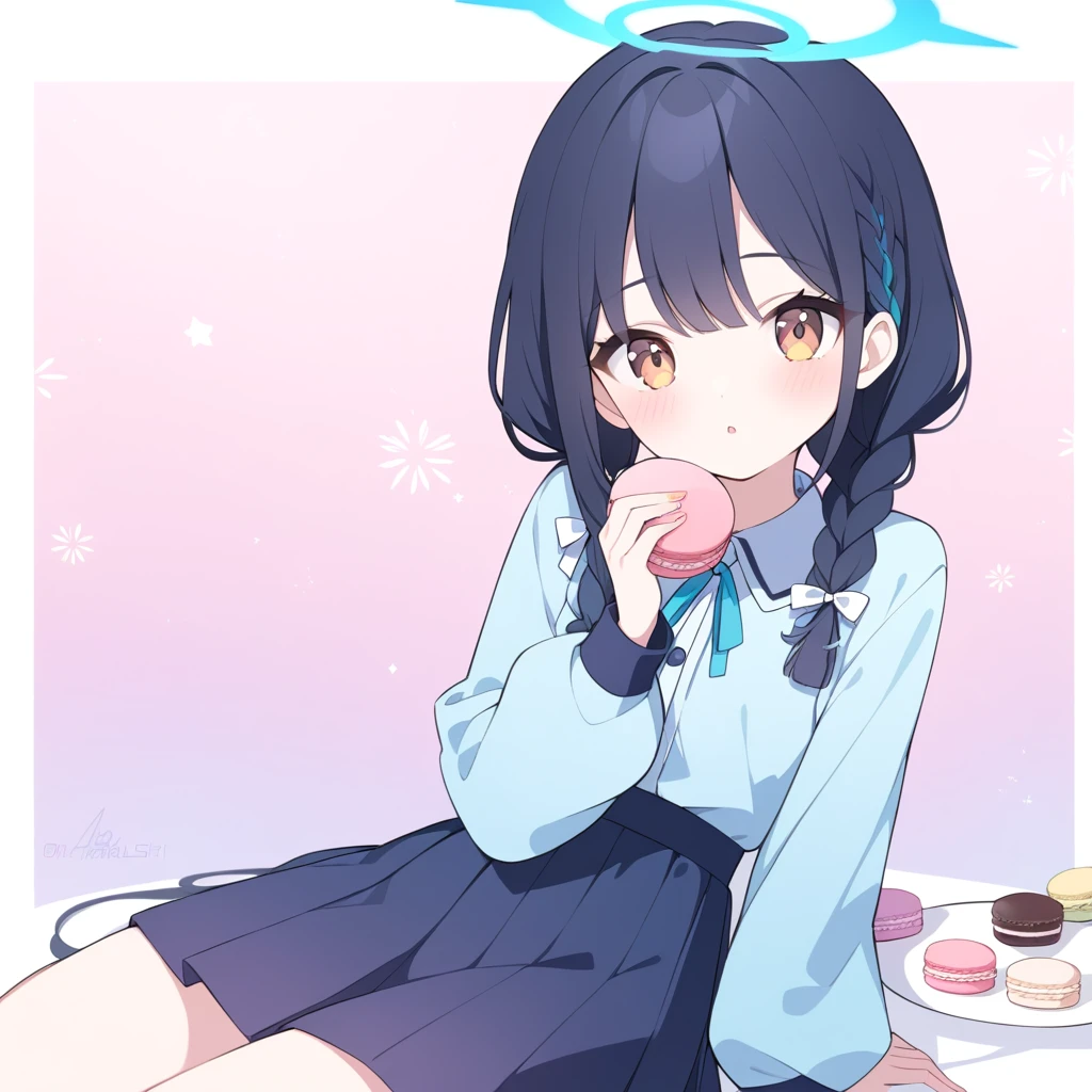{{best quality}}A girl, Black hair, Amberlish eyes, Braids hair, Teal gradiant to blue halo, Soft girl, ,Dark blue skirt,long sleeves,White ribbons at the end of her braids,Macarons,Blue archive styles,teenager,18 years old