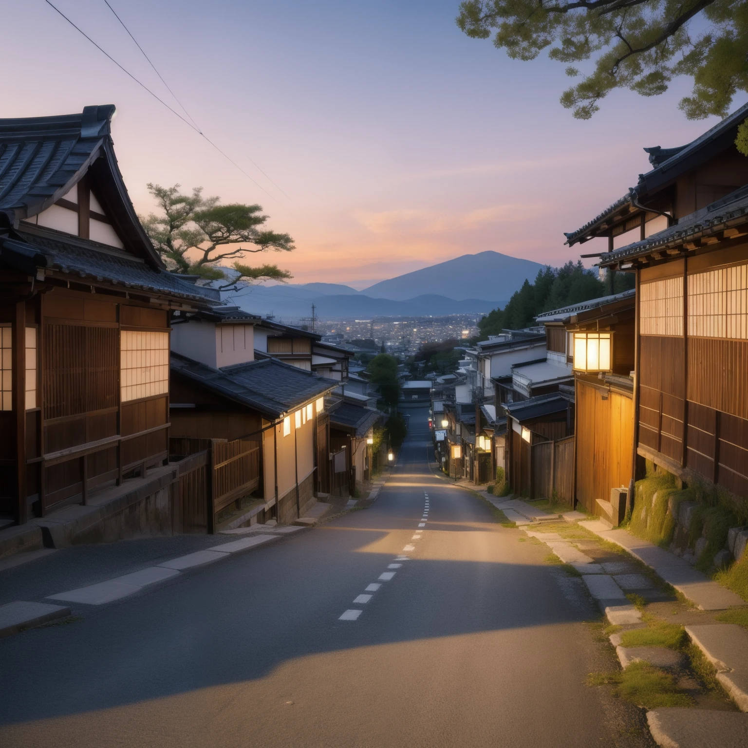 Kyoto seen from afar、Old house、Old store、Old inn、old road、evening、Sunset、after the rain