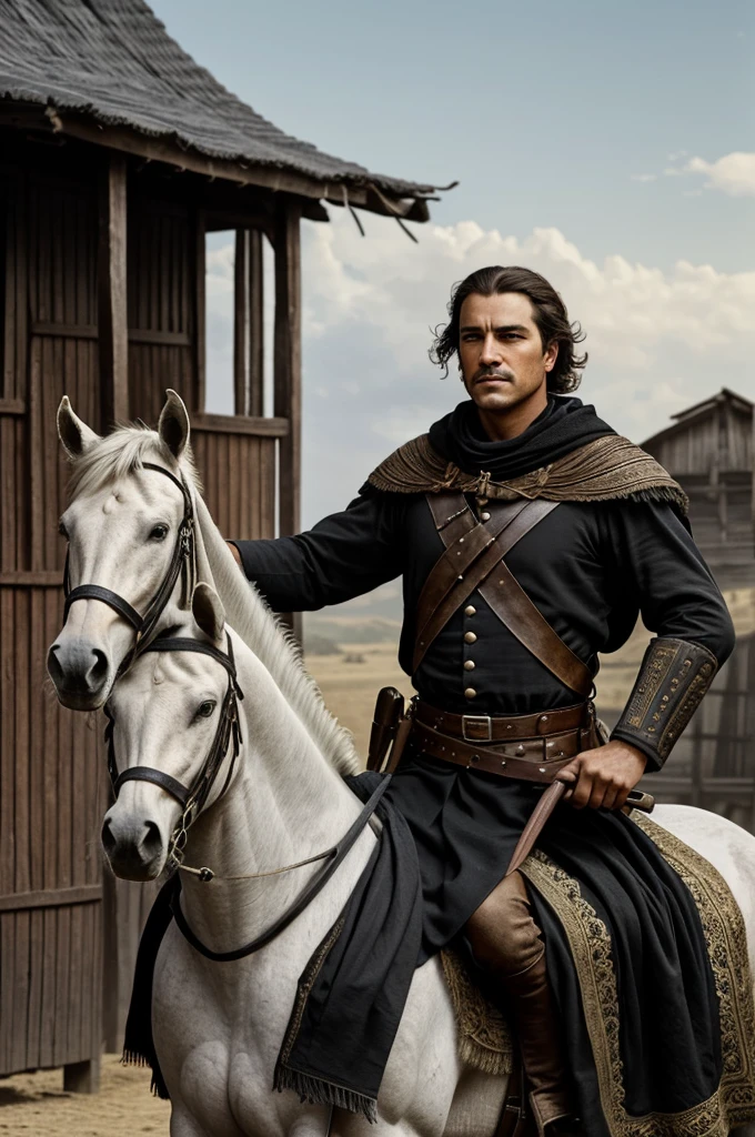 This a book cover of my historical fiction novel, the background of cover should be white, a man on a horse with black flag, this man should be in black dress, and the size of the horse and man should be small and in the background there should be the old houses of demascus,