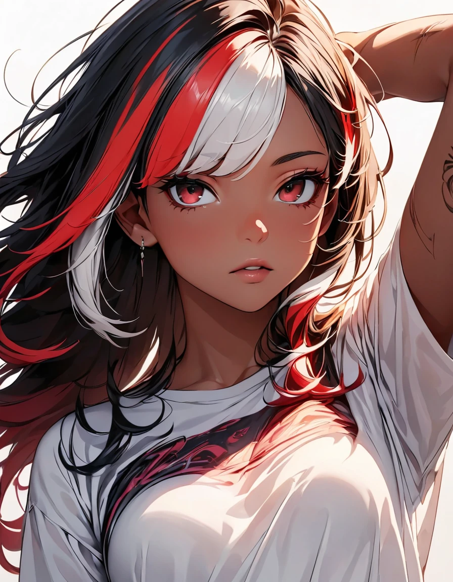 (highest quality:1.2, Very detailed, up to date, Vibrant, Ultra-high resolution, High Contrast, masterpiece:1.2, highest quality, Best aesthetics), Portraiture、girl, (solo), singer、Rock Music、medium wave hair、(red hair and white hair:1.3), ((streaked hair:1.6)), highlights hair: 1.5, red eyes, slim body, medium breast, (tan skin:1.1), look far away, Bright colors、Beautiful fine details、Beautiful lip detail、Edgy Style、(black Skirt-style-bikini:1)、loose fit, standing, arms up, from front、vocal, (Floral Fineline tattoo design on left arm:1), (cowboy-shot:1.2), (No background:1.5), ((Plain white background:1.6)),