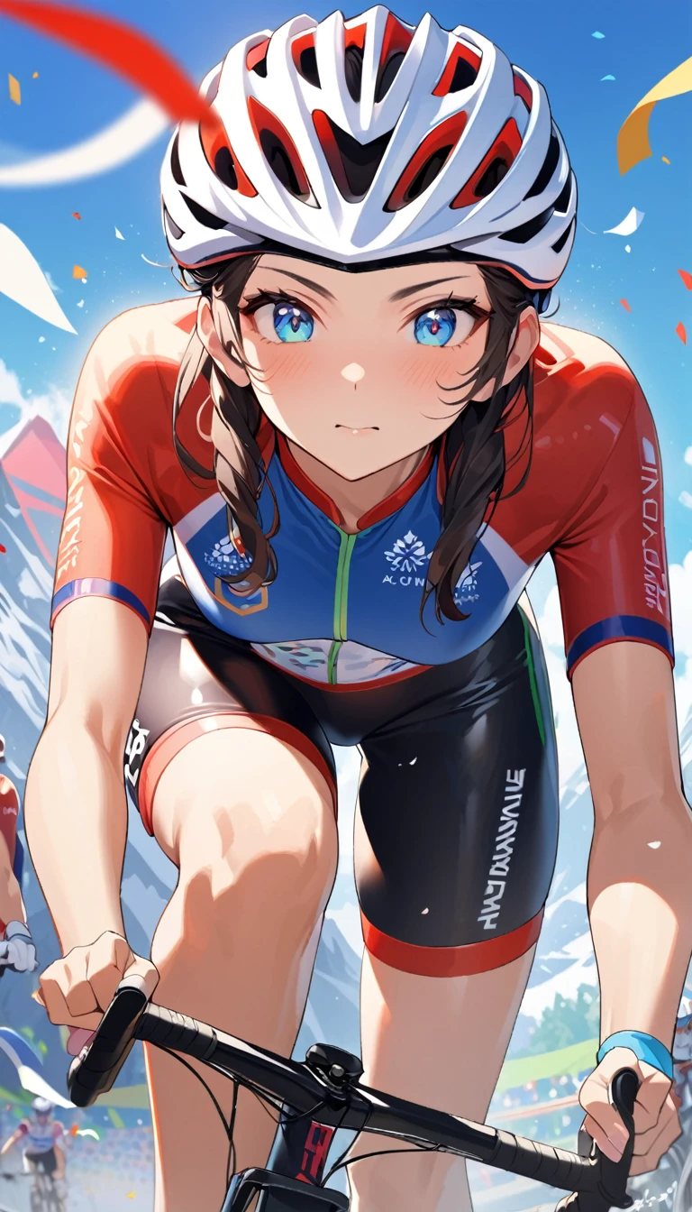 best quality, Good quality, 16K, Unbelievably ridiculous, Very detailed, 2.5D, Delicate and dynamic, Blue sky, Confetti, Olympic会旗, Mountain Bike, downhill, , Small face, Very delicate expression, Delicate eye depiction, Very fine hair, Upper body close-up, , The only sexy Japanese woman, Healthy body shape, 17-year-old female, Olympic, Cycling, Large target, company, Swaying bust, Silver long hair, Sexy long legs, Radiant Skin, soft skin, Jersey, protector, helmet, A gold medal hangs around his neck, Leather pants, Knee-high boots, Mountain Bike,