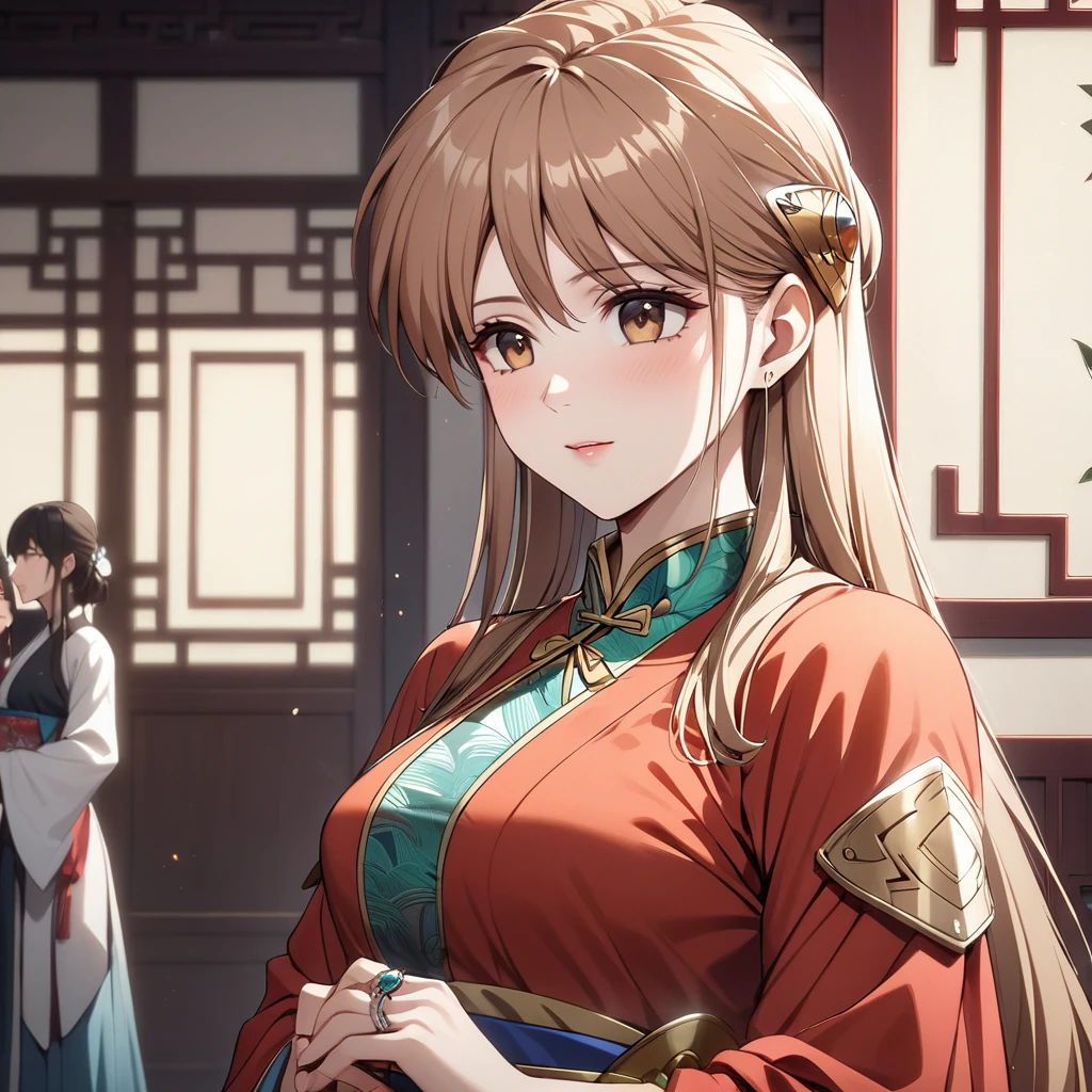 ((Highest quality)), ((masterpiece)), (detailed), (Perfect Face)、The woman is Princess Leona, an ordinary Chinese woman with medium-long light brown hair and an engagement ring.、The woman is dressed in typical Chinese clothing.