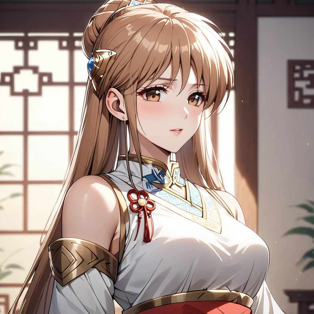 ((Highest quality)), ((masterpiece)), (detailed), （Perfect Face）、The woman is Princess Leona, an ordinary Chinese woman with medium-long light brown hair and an engagement ring.、The woman is dressed in typical Chinese clothing.