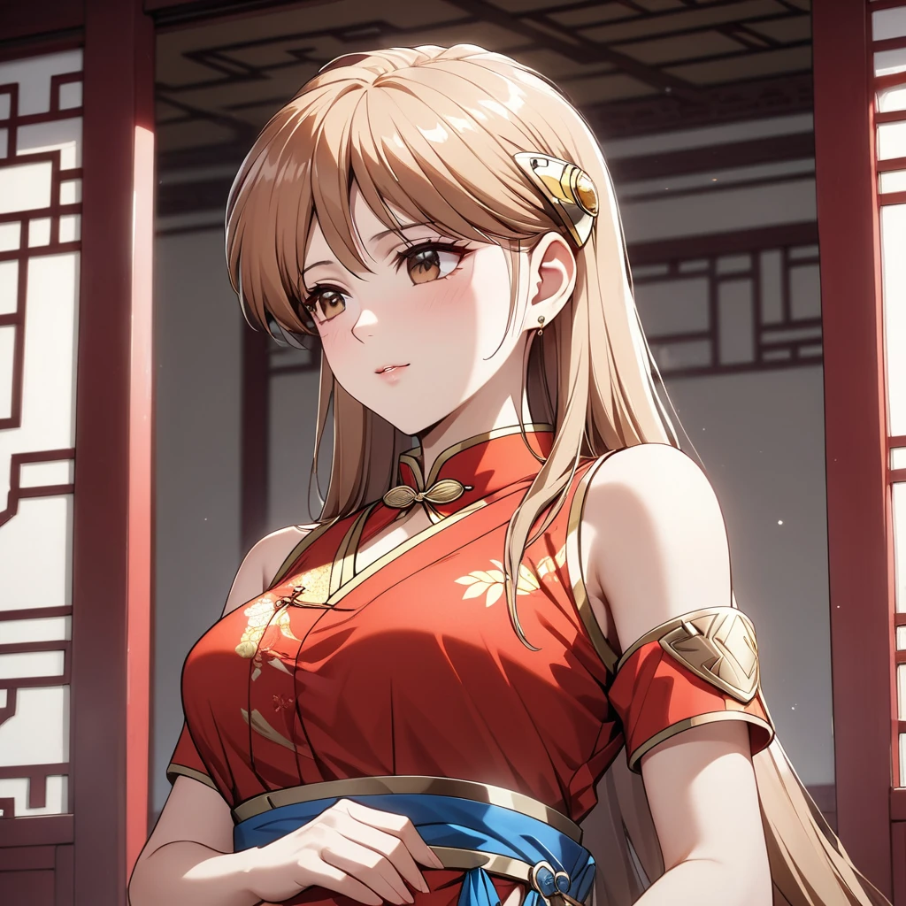 ((Highest quality)), ((masterpiece)), (detailed), （Perfect Face）、The woman is Princess Leona, an ordinary Chinese woman with medium-long light brown hair and an engagement ring.、The woman is dressed in typical Chinese clothing.