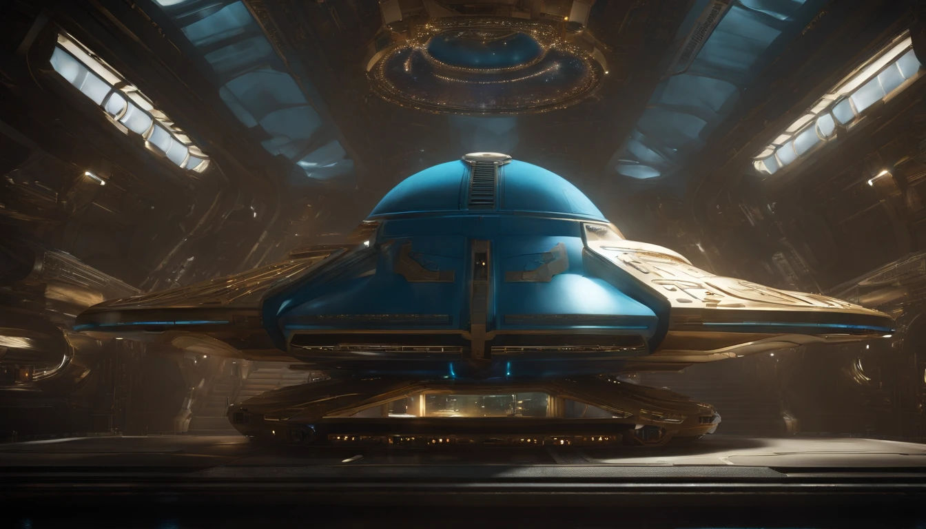 5A visually stunning and immersive 4D image of a futuristic starship, masterfully designed by a talented team of artists including Harlan Ellison, Matt Jeffries, Rick Berman, and the Okudas. The starship showcases a captivating royalistic-punk aesthetic, featuring golden gears, levers, and patterned accents against its dark metallic exterior. Elegant blue diamond-shaped nacelles, resembling giant D batteries, adorn the ship, adding a touch of vibrant color. The background is a breathtaking cosmic landscape, filled with stars, distant vessels, a comet, a nebula, and an Earth-like planet.
The high-resolution 4D image perfectly captures the essence of conceptual art in portrait photography, with intricate details and rich colors that bring the starship to life. The scene((())) A starship of the Design Team of Harlan Ellison, Matt Jeffries, Rick Berman,Mike & Denise Okuda with medieval,& metallic gold & green matte, very intricate details, aesthetic.The ship is adorned with golden gears, levers, and intricate patterns, contrasting with its dark metallic body. The background is a cornucopia of stars, distant ships, a comet, nebula, & an Earth-esque planet.750k UHD 4D. (((The starship has 2 blue vibrant diamond nacelles, that are shaped like giant D batteries.)))