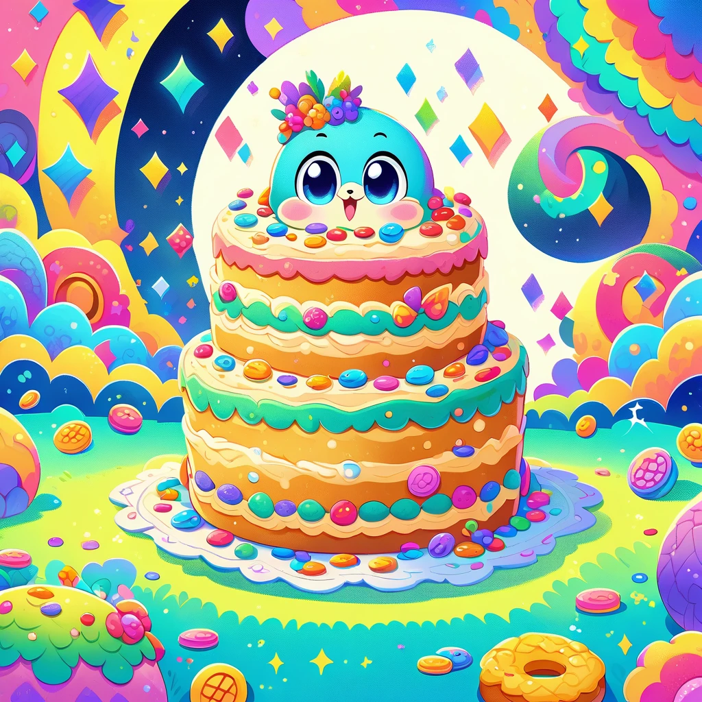 Vector illustration of a five tier cake with beautifully colorful cream, represented by cute and delicate stitch, front view. Coins and cream created, to highlight vibrant colors and attractive textures..., highlighting his amazing appearance. This one is clean, the simple rendering focuses on the complex layers and creamy filling of a glazed donut..., demonstrating your aesthetic appeal and taste.