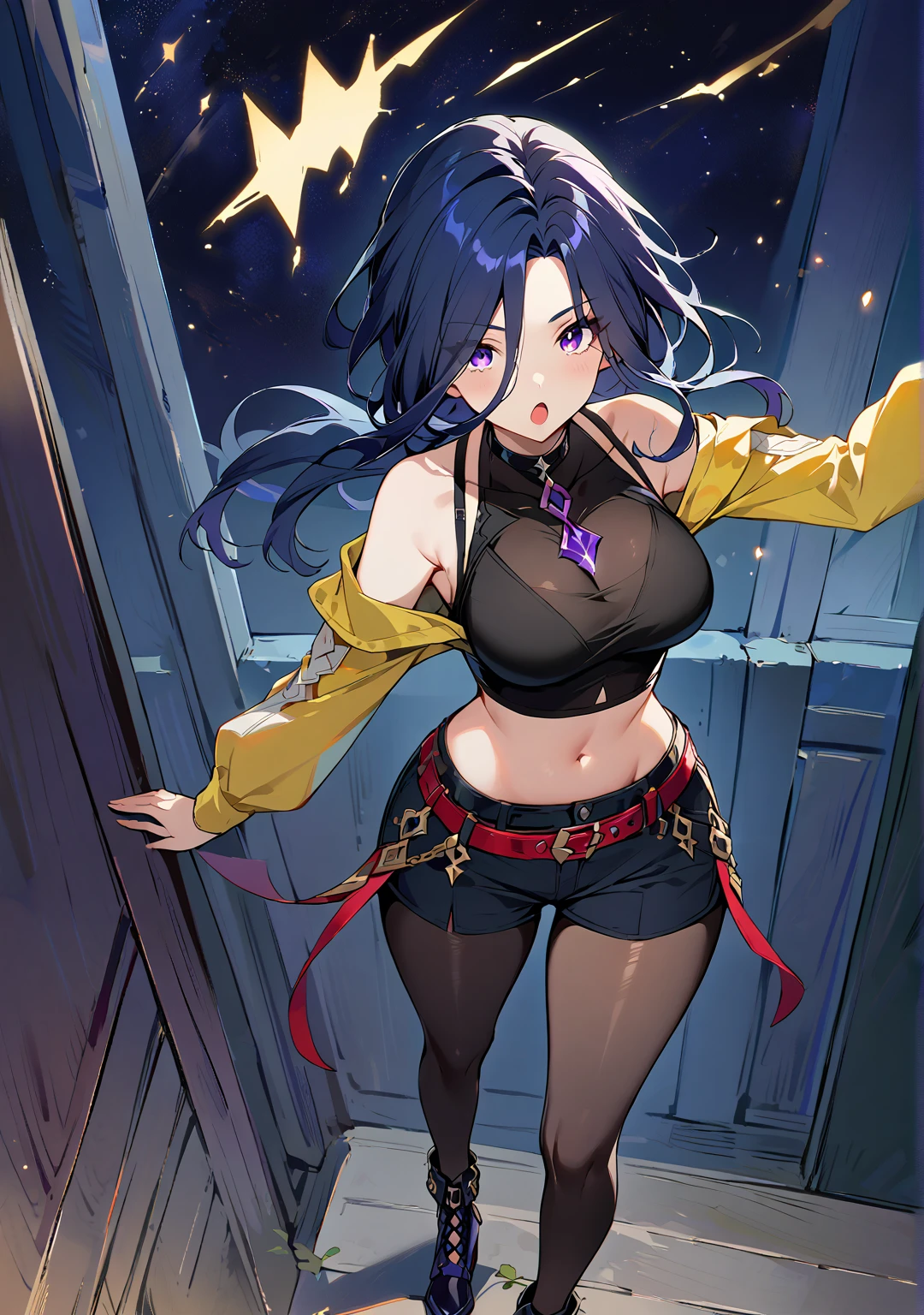 score_9, score_8_above, large breasts, 1 girl, Alone, solo, BREAK Clorinde, Genshin impact, dark blue hair, long hair, low ponytail, original hair style, bright purple eyes, \(CLOTHES\), alternate costume, lipstick, Sexy crop top, long sleeve, off shoulder, Yellow top, high-heel ankle boots, ripped shorts, black shorts, belt with chain, shiny red belt, black pantyhose, choker, bewitching thighs, see-through navel, armpits, gleaming, skin-tight, shiny skin, chest outline, \(BREAK\), surprised look, :o, open mouth, standing, from behind, looking at the viewer, \(BREAK\), Outside, in the background the sky, at night, dark sky, flashes of stars, heart