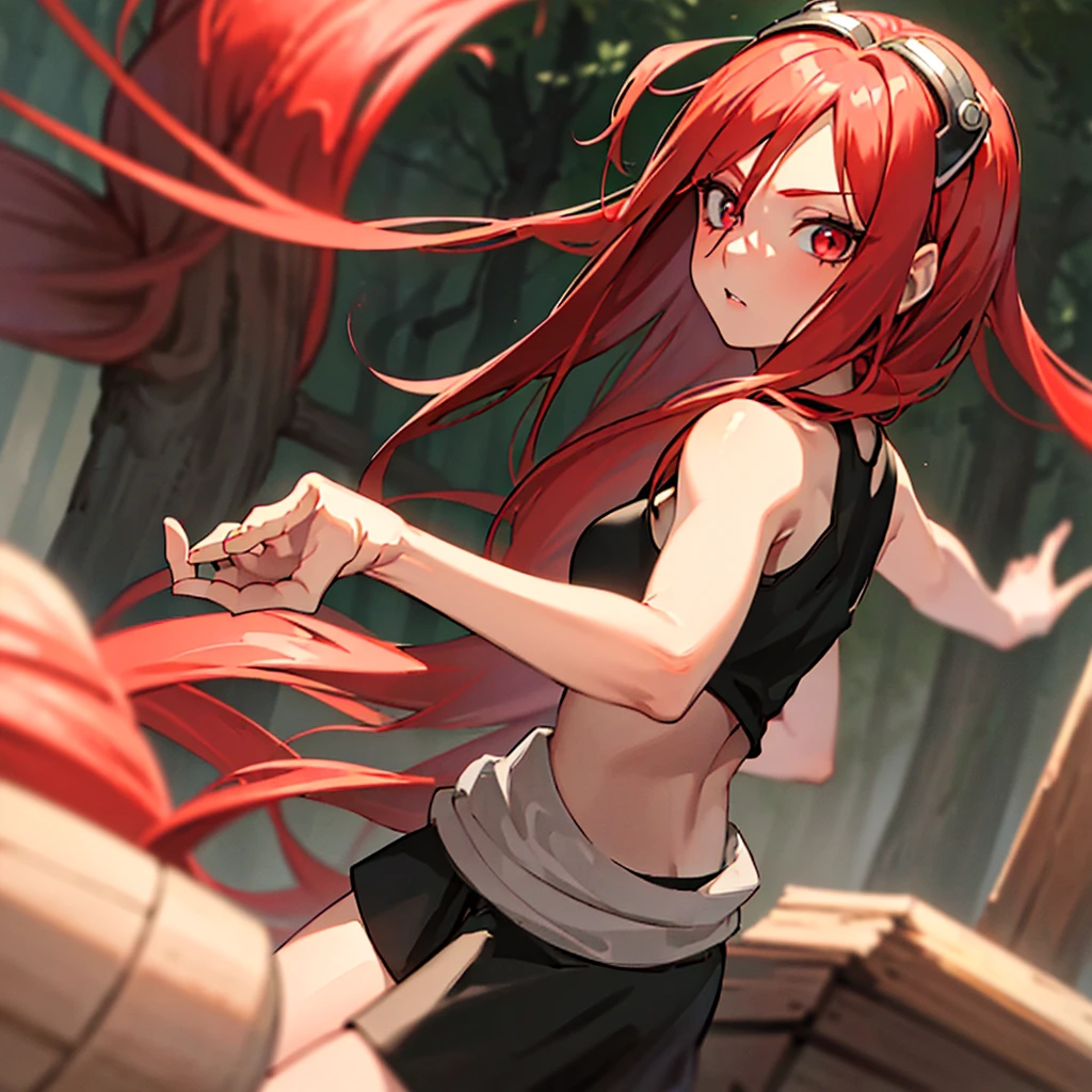 "masterpiece, high quality, (cheered up), Best Quality, 1 girl, dynamic lighting, simple background, Red hair, Red eyes, ((15 years)), beautiful face, pretty eyes, beautiful background, forest, (((Very detailed eyes and face.))), black tank top and short black shorts, can dynamics