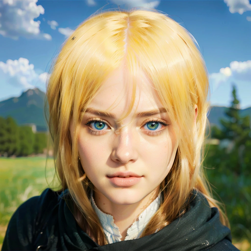 Chica linda ultra realistic con cabello rubio y ojos azules, large eyes, ultra realistic, visual of a real young woman, sexy woman, very beautiful, Attack on Titan, official art, visual of a pretty girl, Game of Thrones female character, official art del personaje, portrait, official artwork, blonde girl with long hair, official illustration