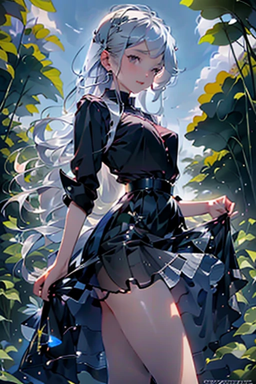 Girl walking on a path, Path through a sunflower field, Distant City, I can see the city, Overlooking the city, girl, Silver Hair, Indigo eyes, blouse, Chiffon skirt, Long skirt, Long Hair, mysterious, Small breasts, anime, manga, beautiful girl