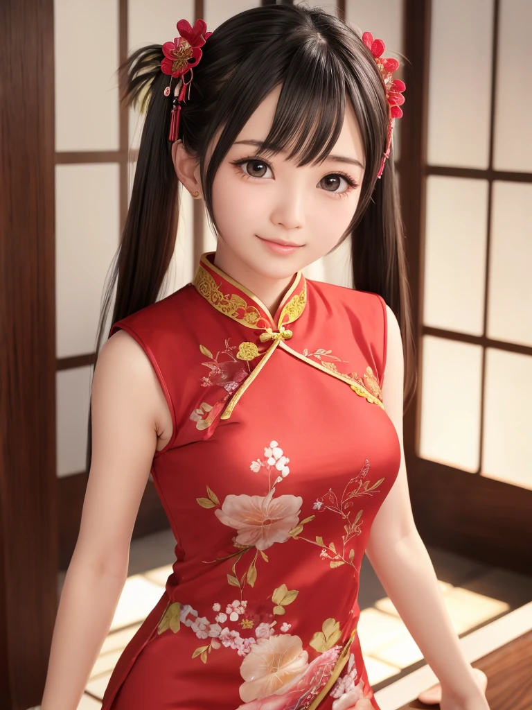 ultra detailed realistic human skin, 
(japanese adorable pretty girl:1.2), twintails and shiny charming eyes, (sexy cheongsam clothes), looking at viewer, 
perfect sized and perfect shaped chests, 
slightly smile,cinematic lighting, 