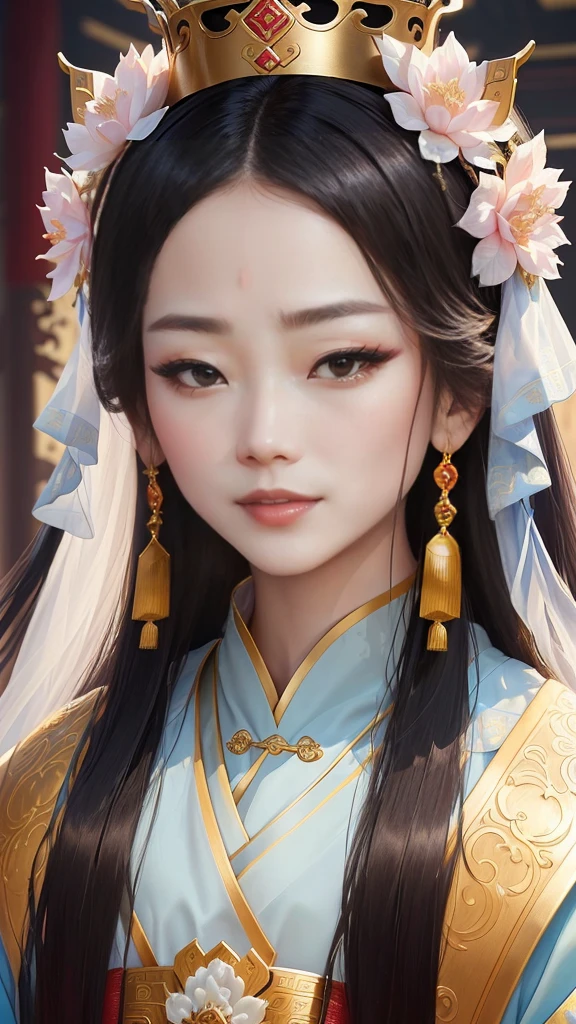 A man in costume、Close-up of woman wearing crown, Chinese Princess, ancient Chinese Princess, Queen of the Sea Mu Yanling, Chinese Empress, Inspired by Lv Ji, Inspired by Yin Dourui, Beautiful fantasy queen, palace , Girl wearing Hanfu, Inspired by Zhao Zuo, Inspired by Li Tang