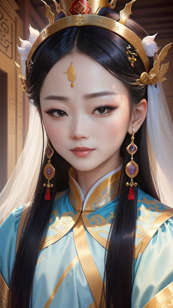 A man in costume、Close-up of woman wearing crown, Chinese Princess, ancient Chinese Princess, Queen of the Sea Mu Yanling, Chinese Empress, Inspired by Lv Ji, Inspired by Yin Dourui, Beautiful fantasy queen, palace , Girl wearing Hanfu, Inspired by Zhao Zuo, Inspired by Li Tang