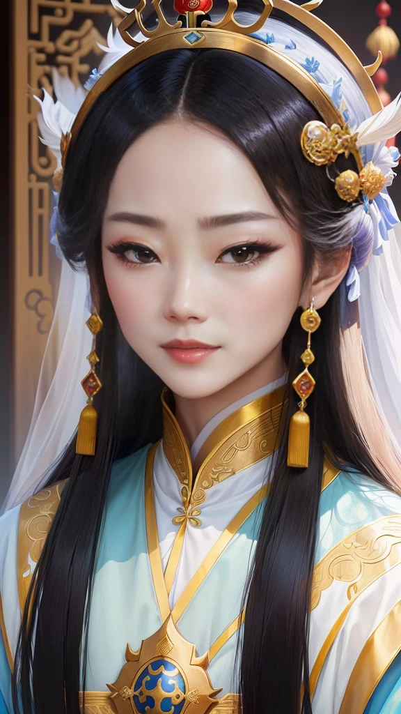 A man in costume、Close-up of woman wearing crown, Chinese Princess, ancient Chinese Princess, Queen of the Sea Mu Yanling, Chinese Empress, Inspired by Lv Ji, Inspired by Yin Dourui, Beautiful fantasy queen, palace ， Girl wearing Hanfu, Inspired by Zhao Zuo, Inspired by Li Tang