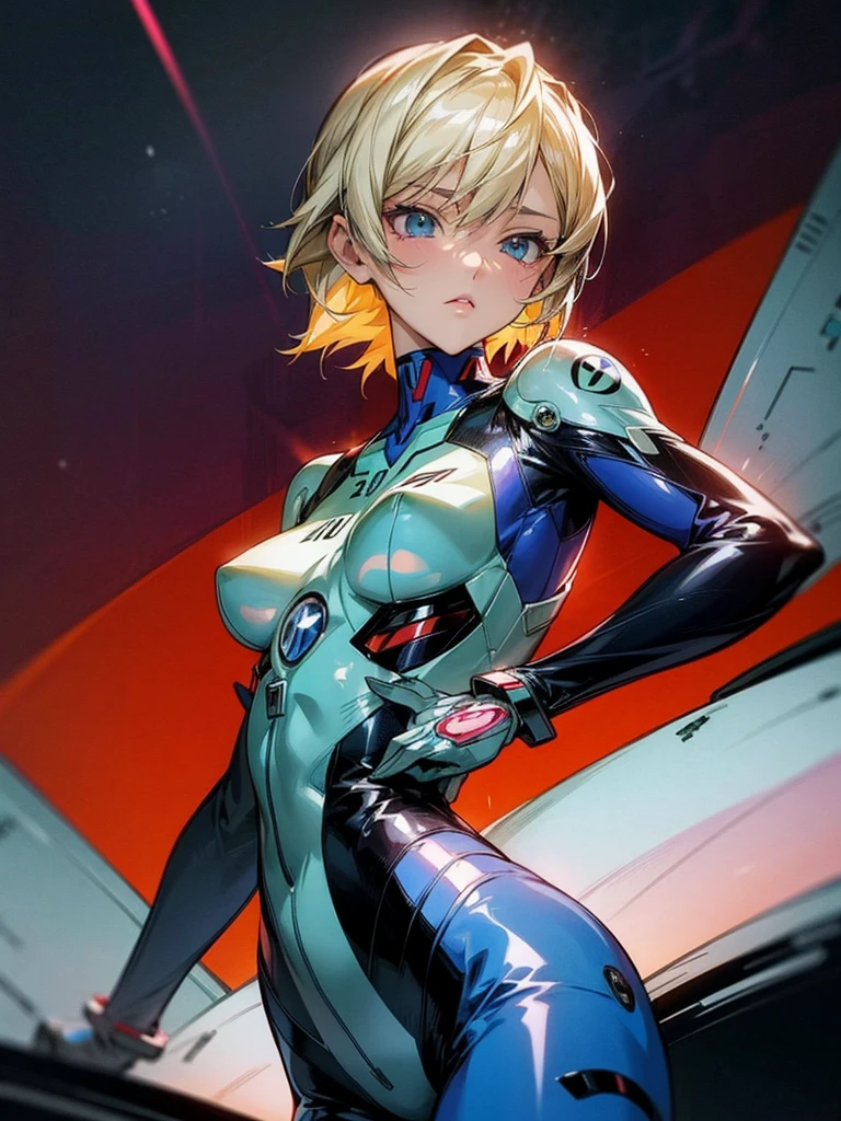 retro-futuristic, Showa-era anime-style y female pilot. The character should be inspired by works like Kiyoshi Kurosawa, Neon Genesis Evangelion, and Electronic Lover. Incorporate elements of double exposure, complex art, and a teeange Asian girl. The style should be anime-like, with perfect symmetry. The overall design should be anime-beautiful, with epic, intricate details. The design should blend classic Showa-era anime style with high-tech details, showcasing her dynamic and expressive poses in a body tight, chrome metallic pilot suit. She should have platinum blonde hair, a youthful, sexppearance with a vibrant and slightly flirtatious demeanor. The background should be pure white. High resolution, ultra-detailed, cinematic lighting, anime style, no background.