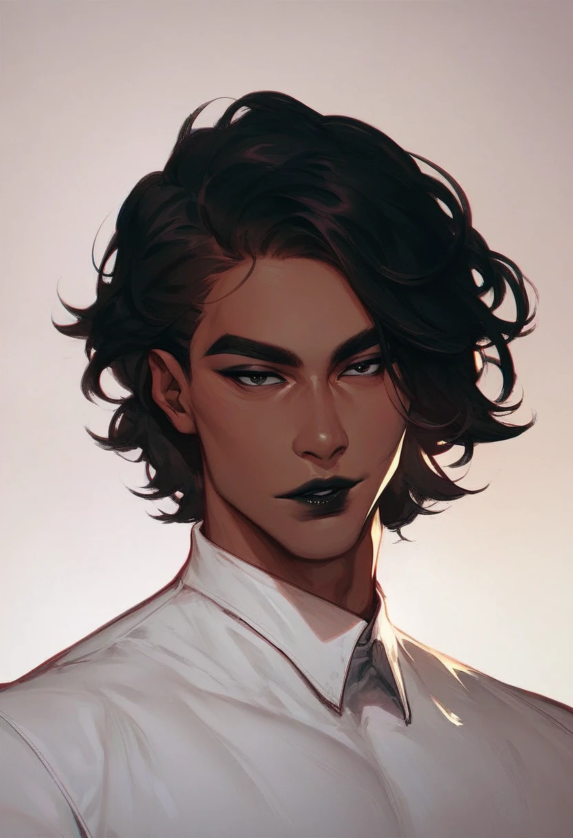 Male, solo, black hair, black eyes, half open eyes, long eyelashes, black eyeliner, dark red lipstick, medium length hair, makeup, white shirt, black pants