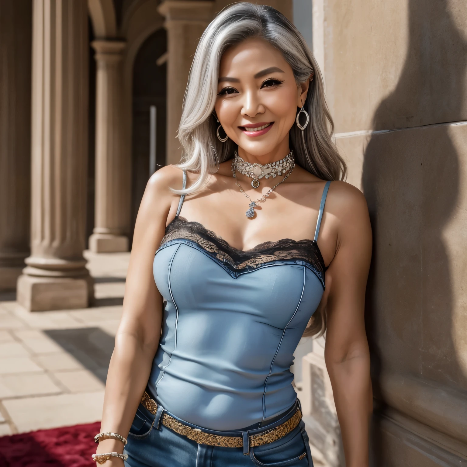 75 years old　mom　milf　Chinese Lady　large earring　Big choker　navel piercing decoration　A bracelet　Silver Hair　realisitic　Gorgeous Madame Beautiful Mature Woman　sexly　Smile　Gentle woman navel piercing　４K　High quality gorgeous madam beautiful mature woman