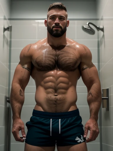 good looking handsome 30 year rugby player , English , short hair, army , stubble, hairy chest, lockeroom ,shower, NSFW, naked , full body , standing , angry , tight shorts, super Realistic Photo, Super Detailed
