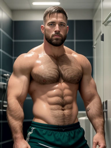 good looking handsome 30 year rugby player , English , short hair, army , stubble, hairy chest, lockeroom ,shower, NSFW, naked , full body , standing , angry , tight shorts, super Realistic Photo, Super Detailed