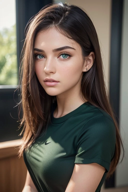 beautiful girl, beautiful face, young woman, brunette, green eyes, black t-shirt, comfortable nike sweatpants, detailed facial features, exceptional framing, frontal view, (best quality,4k,8k,highres,masterpiece:1.2),ultra-detailed,(realistic,photorealistic,photo-realistic:1.37),portraits,vivid colors