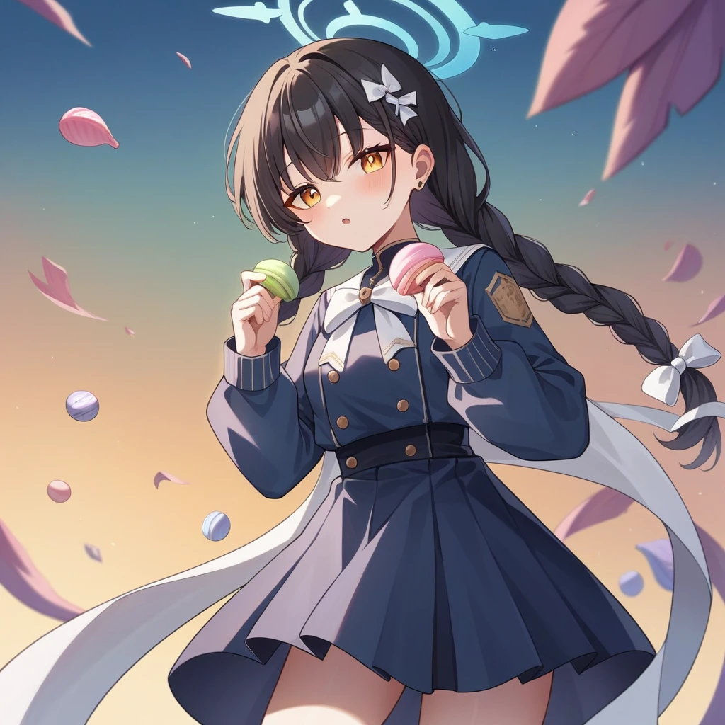 score_9, score_8_up, score_7_up, source_anime,{best quality}}A girl, Black hair, Amberlish eyes, Braids hair, Teal gradiant to blue halo, Soft girl, ,Dark blue skirt,long sleeves,White ribbons at the end of her braids,Macarons,Blue archive styles,ager,18 years old