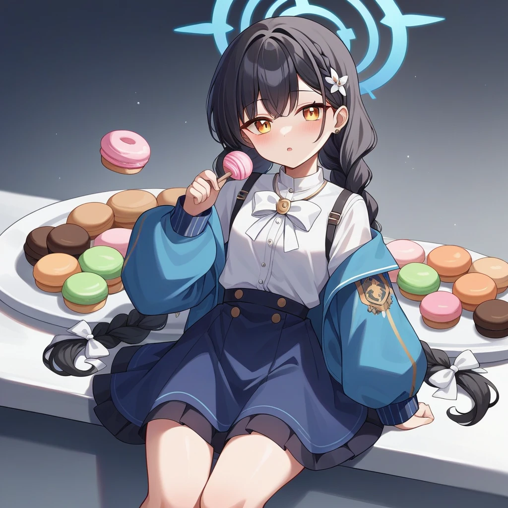 score_9, score_8_up, score_7_up, source_anime,{best quality}}A girl, Black hair, Amberlish eyes, Braids hair, Teal gradiant to blue halo, Soft girl, ,Dark blue skirt,long sleeves,White ribbons at the end of her braids,Macarons,Blue archive styles,teenager,18 years old