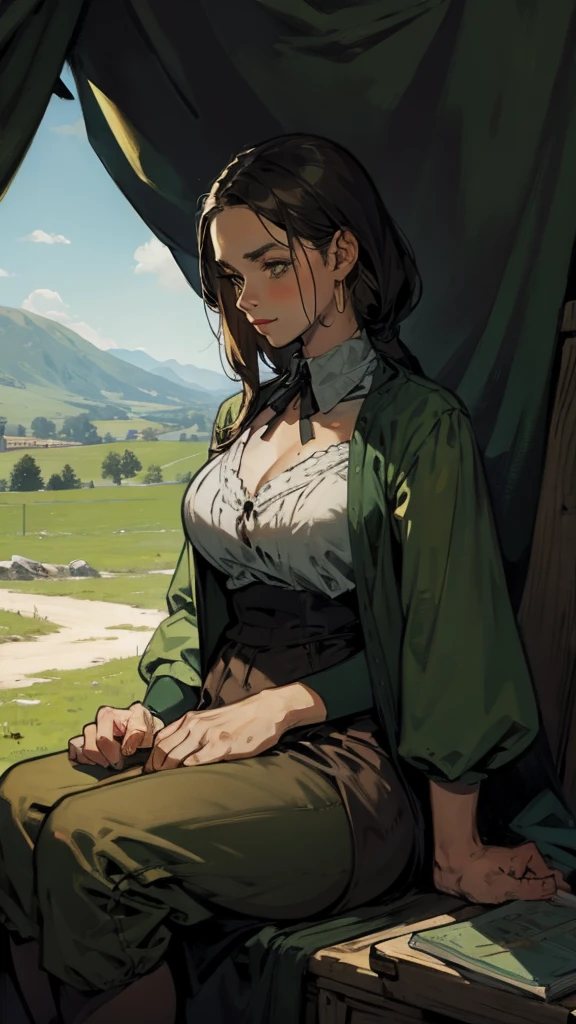 Sitting next to a tent, adventurer outfit, adult woman, medieval atmosphere