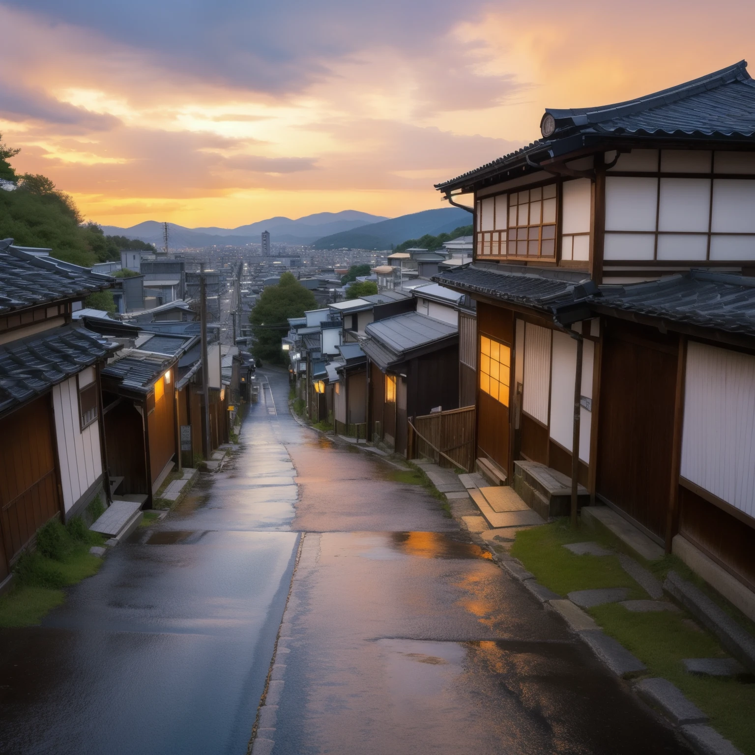 Kyoto seen from afar、Old house、Old store、Old inn、old road、evening、Sunset、(after the rain: 1.3)