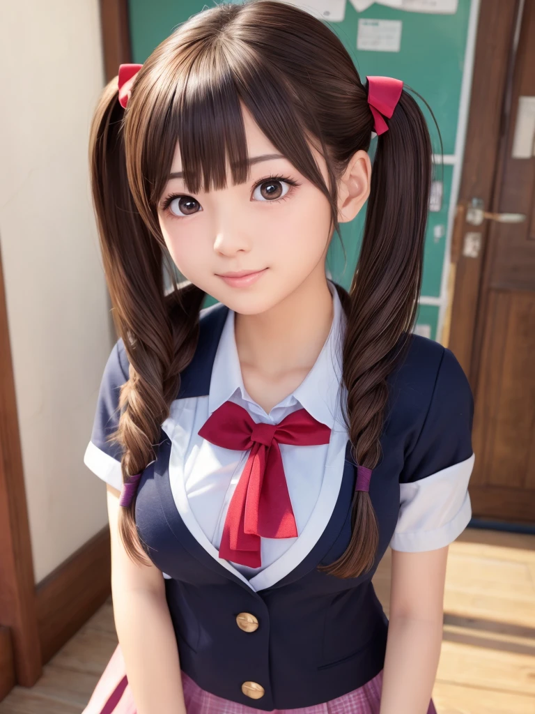 ultra detailed realistic human skin, 
(japanese adorable pretty girl:1.2), twintails and shiny charming eyes, (school uniform), looking at viewer, 
perfect sized and perfect shaped chests, 
slightly smile,cinematic lighting, 