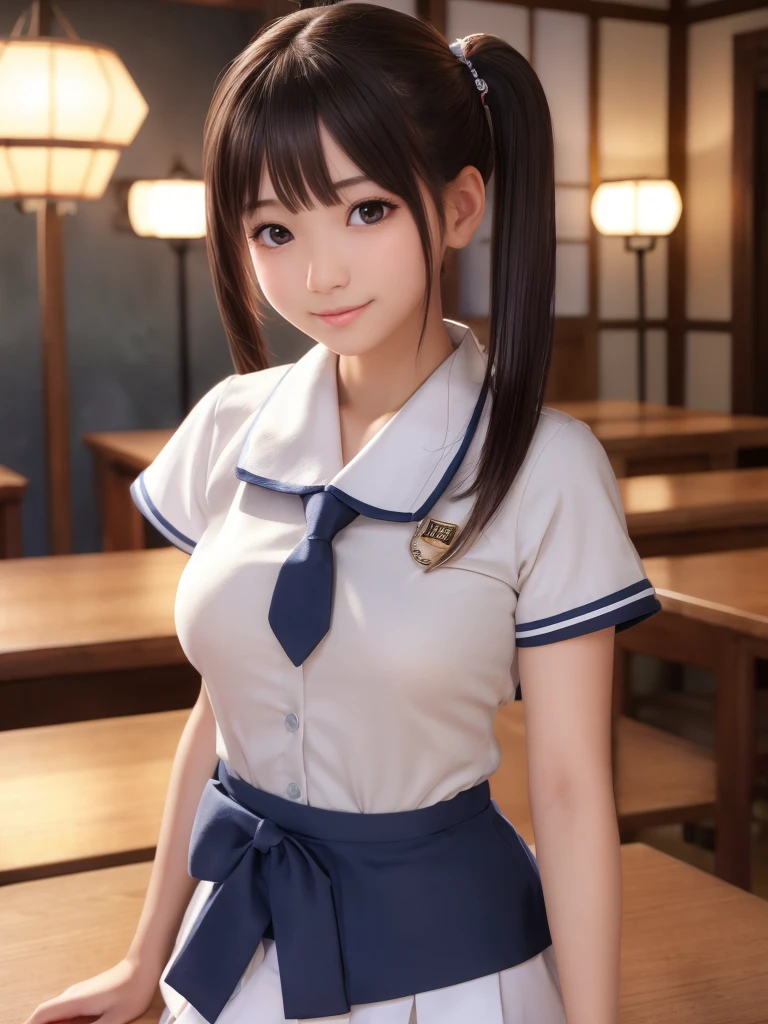 ultra detailed realistic human skin, 
(japanese adorable pretty girl:1.2), twintails and shiny charming eyes, (school uniform), looking at viewer, 
perfect sized and perfect shaped chests, 
slightly smile,cinematic lighting, 