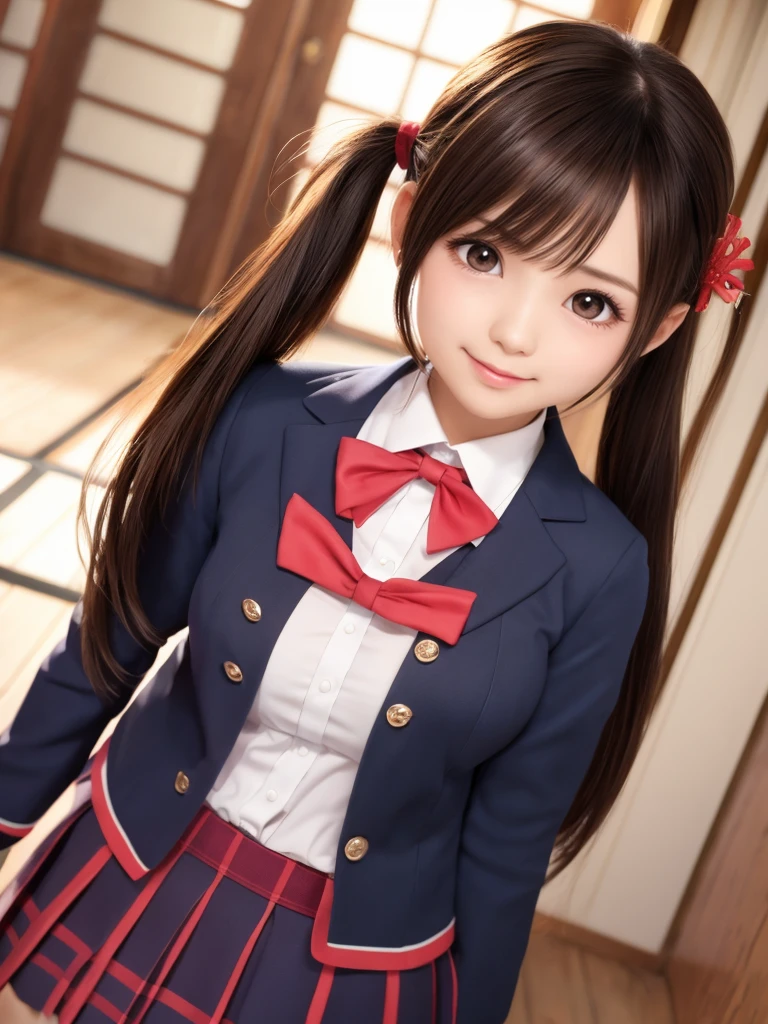 ultra detailed realistic human skin, 
(japanese adorable pretty girl:1.2), twintails and shiny charming eyes, (school uniform), looking at viewer, 
perfect sized and perfect shaped chests, 
slightly smile,cinematic lighting, 