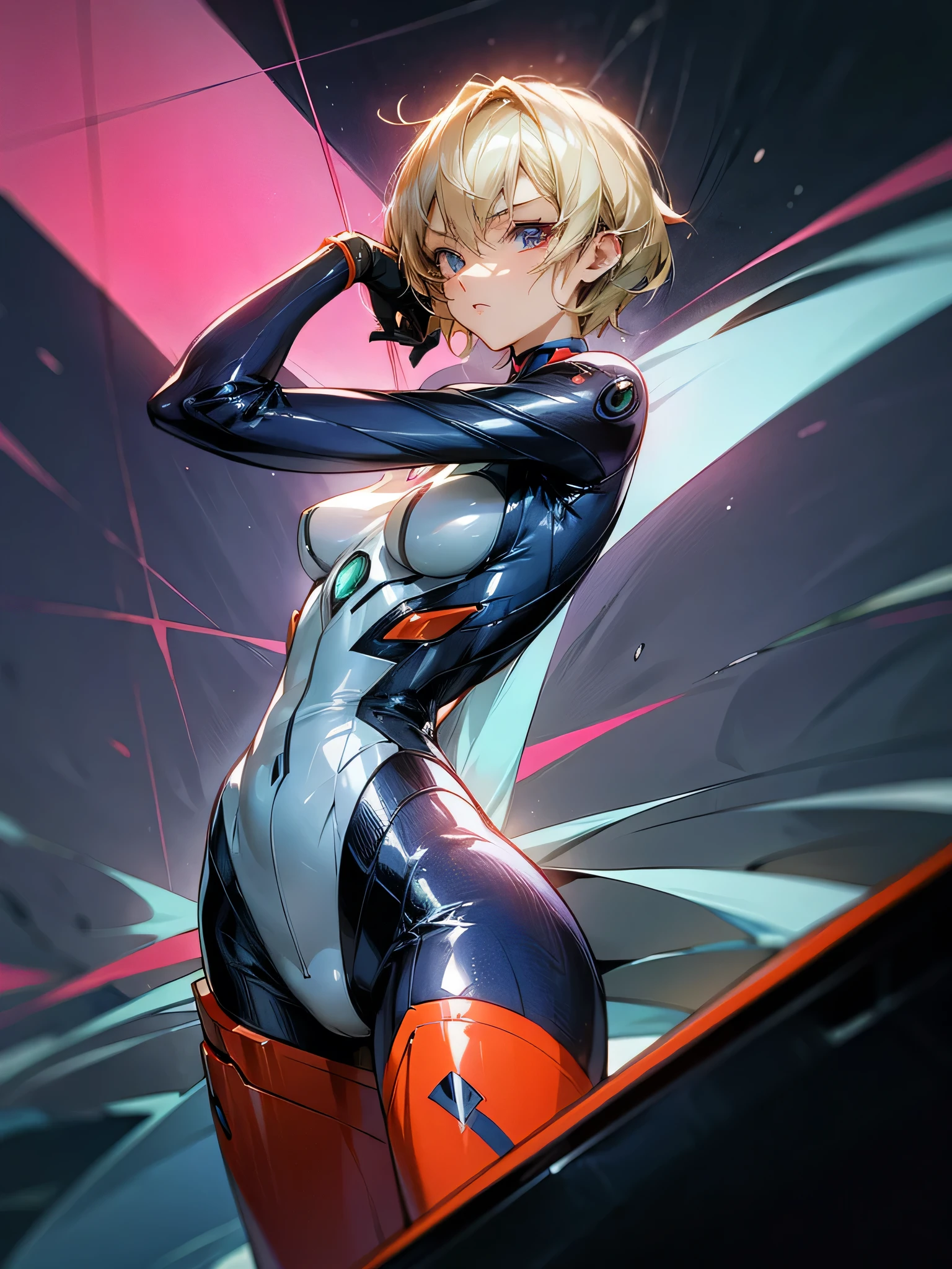 retro-futuristic, Showa-era anime-style sexy female pilot. The character should be inspired by works like Kiyoshi Kurosawa, Neon Genesis Evangelion, and Electronic Lover. Incorporate elements of double exposure, complex art, and a teeange Asian girl. The style should be anime-like, with perfect symmetry. The overall design should be anime-beautiful, with epic, intricate details. The design should blend classic Showa-era anime style with high-tech details, showcasing her dynamic and expressive poses in a body tight, chrome metallic pilot suit. She should have platinum blonde hair, a youthful, sexy appearance with a vibrant and slightly flirtatious demeanor. The background should be pure white. High resolution, ultra-detailed, cinematic lighting, anime style, no background.