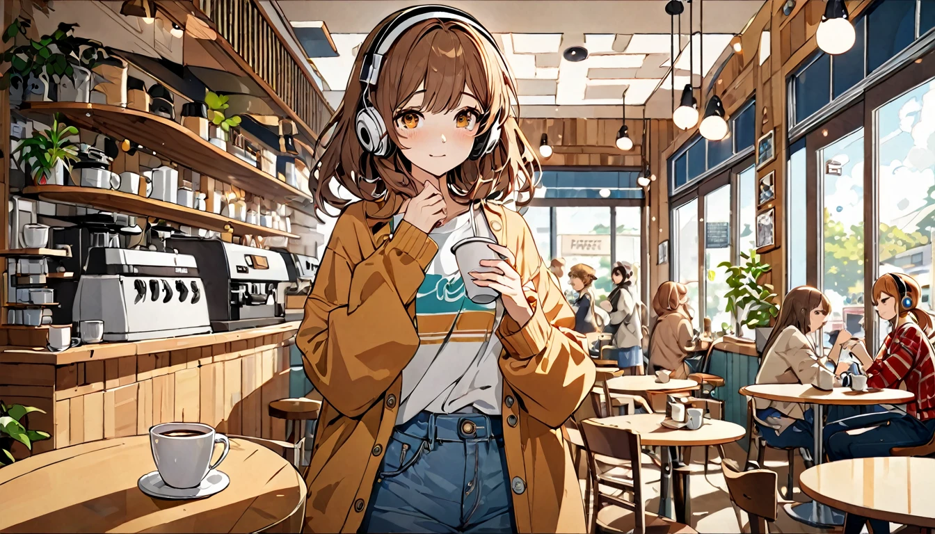 Brown-haired girl wearing headphones、A day in the cafe - very detailed、masterpiece, Highest quality, Bright - on a cafe background、Relaxed facial expression、Casual clothing、Coffee cup in hand
(Detailed fingers), (Emotional), (Breathtakingly beautiful), (main part:1.2 Whole body), (Anime Style), (Very detailed), (超High resolution, High resolution), (8k), (Complex and beautiful: 1.2)