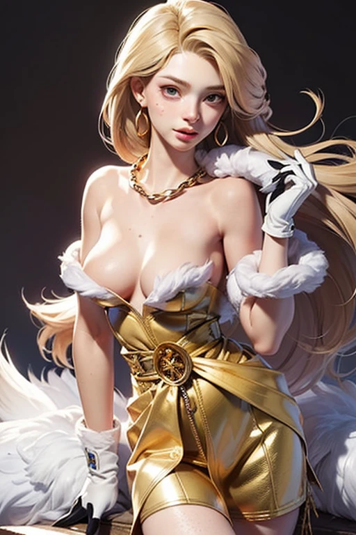 ((Best quality)), ((masterpiece)), (detailed), (((krystal boyd))), (((Russian girl))), (((beautiful blonde))), (((beautiful long face))), (((22))), (((Slender skinny girl))), (((small round breasts))), (((Long straight blonde hair))), (((((licks lips provocatively))))), (((hands in hair))), (((beautiful detailed face))), (((((slender body and face))))), (((opened her left breast))), (((slender thin long legs in high heels))), ((((freckles)))), ((((long beads with feathers)))), ((((fur gloves)))), ((((gold chain around the waist))))