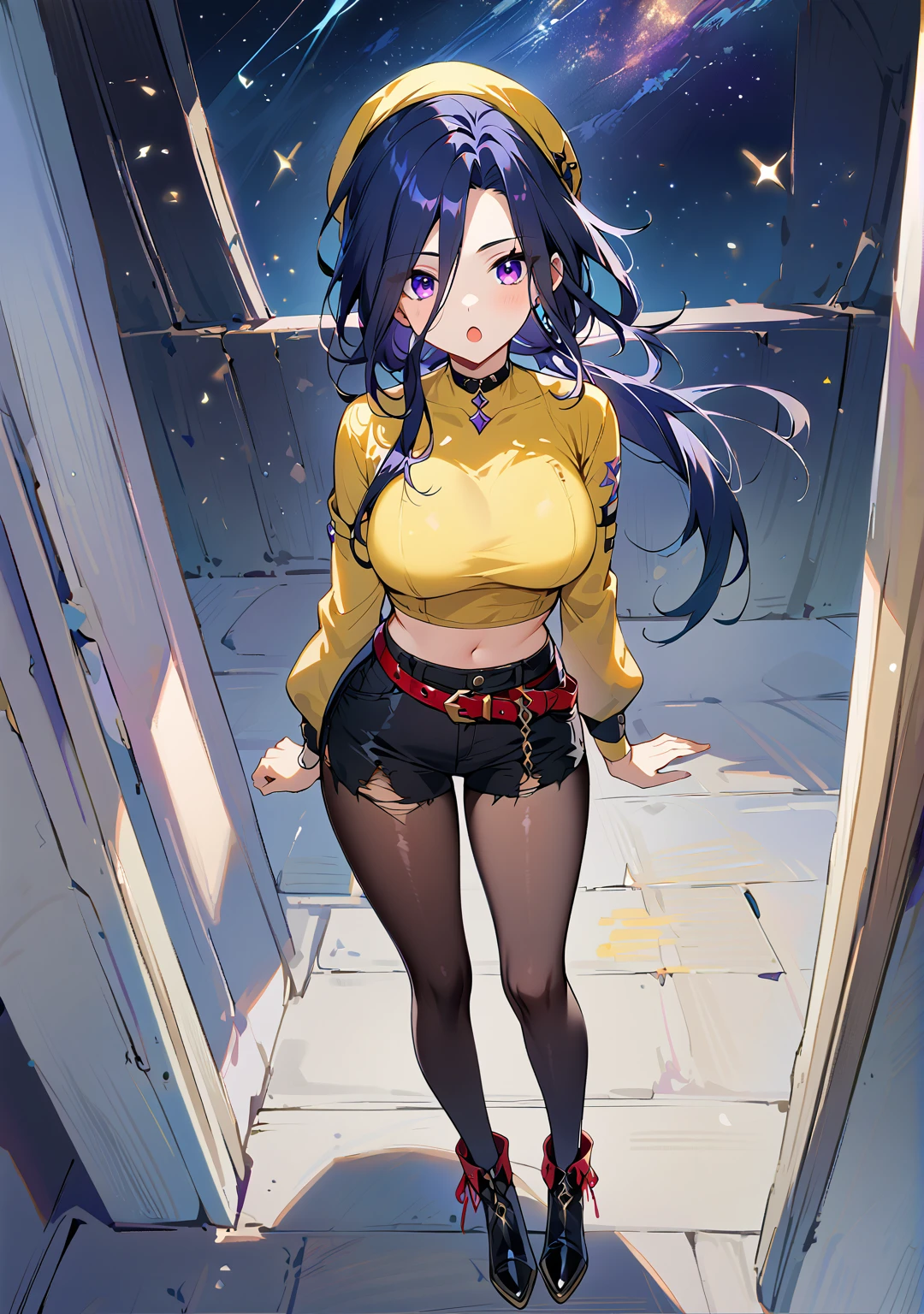 score_9, score_8_above, large breasts, 1 girl, Alone, solo, BREAK Clorinde, Genshin impact, dark blue hair, long hair, low ponytail, original hair style, bright purple eyes, \(CLOTHES\), alternate costume, lipstick, Sexy crop top, long sleeve, off shoulder, Yellow top, high-heel ankle boots, ripped shorts, black shorts, belt with chain, shiny red belt, black pantyhose, choker, bewitching thighs, see-through navel, armpits, gleaming, skin-tight, shiny skin, chest outline, \(BREAK\), surprised look, :o, open mouth, standing, from behind, looking at the viewer, \(BREAK\), Outside, in the background the sky, at night, dark sky, flashes of stars, heart