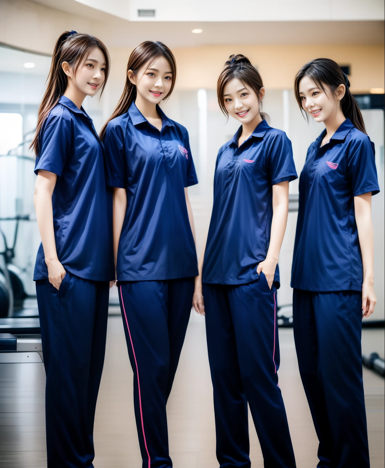 3 girls in fitness center, Navy blue short-sleeved shirt,Navy Long Trackpant,Sweatpants, Sweatpantsขายาว,25 year old girl, lesbian, sexy, exercise clothes, wet body, exercise clothes