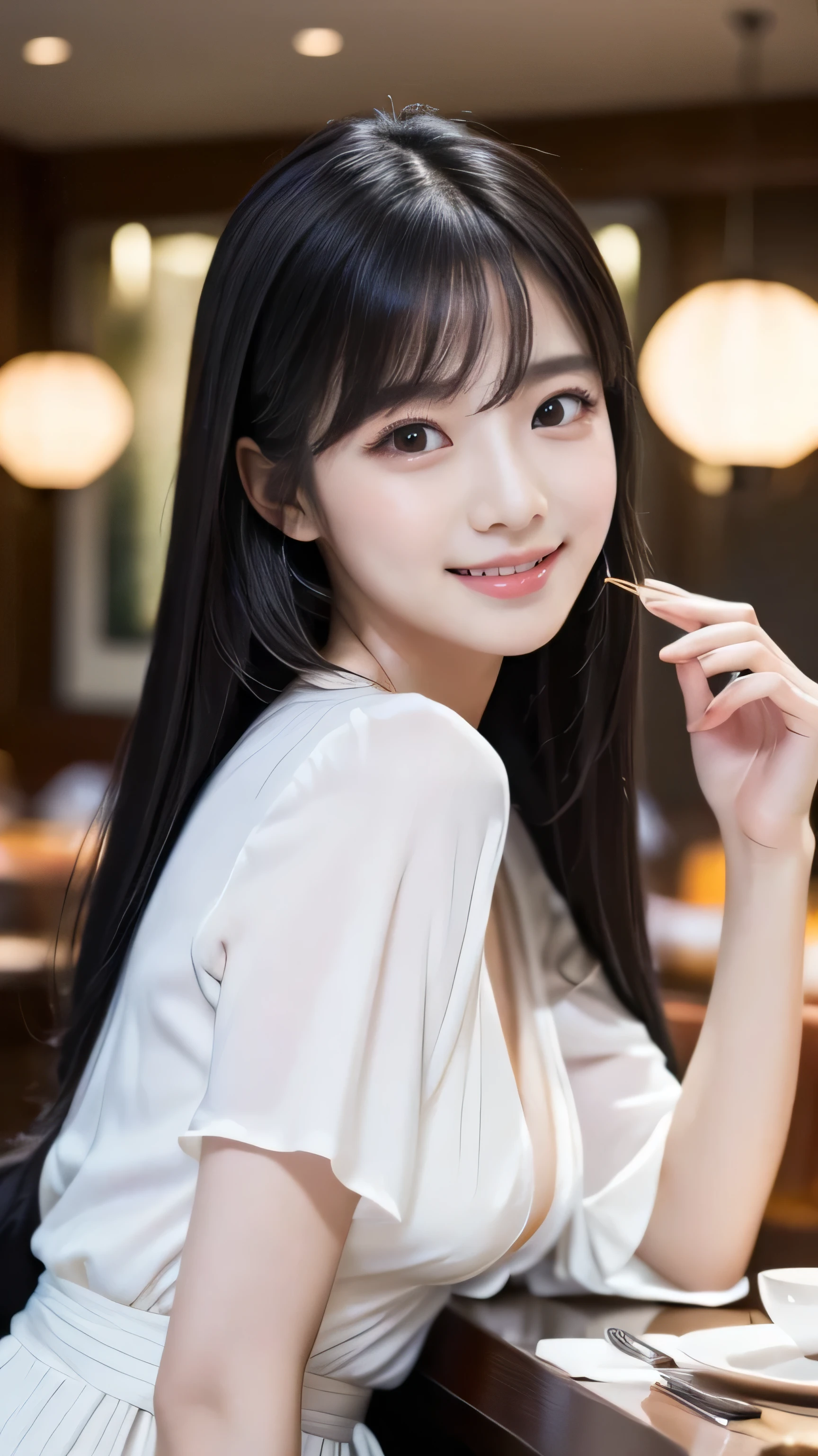 Create an ultra-realistic image of a 21-year-old Japanese woman named Kotone relaxing in a hotel restaurant. She has extremely long, perfectly straight black hair that flows down to her waist, with blunt bangs that cover her forehead. Her eyes are large, enchanting, and have double eyelids with sparkling black pupils, giving them a captivating and youthful appearance. Her face is delicate and innocent, with very thin eyebrows that frame her large, childlike eyes. Kotone's skin is smooth and flawless, resembling snow in its pure white color. She has a slender and well-proportioned body with a shapely bust size of 95 cm, a height of 158 cm, a weight of 43 kg, an ideal waist size of 58.46 cm, and an ideal hip size of 86.73 cm. Her complexion is flawless, without any wrinkles, and her natural makeup enhances her features subtly, maintaining a fresh and youthful look. She embodies a perfect balance of youthful charm and mature elegance, with a cute and innocent smile that adds warmth and affection to her appearance.
Kotone should be depicted relaxing in an elegant hotel restaurant. Her long black hair should flow naturally over her shoulders, framing her face and upper body. She should be seated at a beautifully set table, with a luxurious and tasteful ambiance in the background, including elements like fine tableware, soft lighting, and stylish décor. Her pose should be relaxed and elegant, with one hand gently resting on the table or holding a glass of wine. Her expression should be warm and content, with a friendly smile that captures her enjoyment of the dining experience. She is wearing a chic and sophisticated outfit suitable for a fine dining setting, such as an elegant dress or a stylish blouse and skirt.