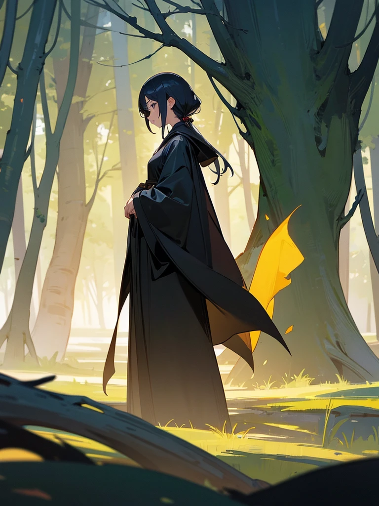 A girl standing wearing a black robe her left shoulder is uncovered standing between a forest a beautiful tree is behind her 
