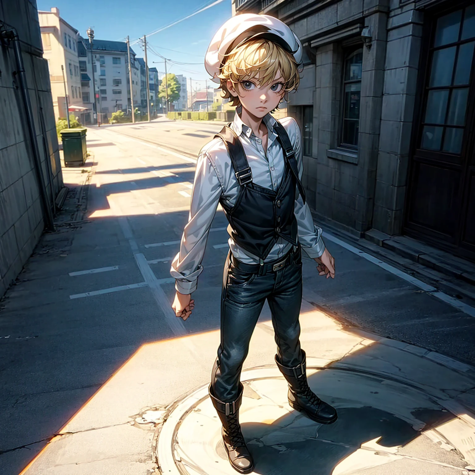 Solo character, full body version, baby kid boy, blonde hair, black eyes, short Curly hairstyle, white shirt, short jeans, boots, detailed shadow, hat, street city, house, people, sky blue, (death note style art), standing gesture