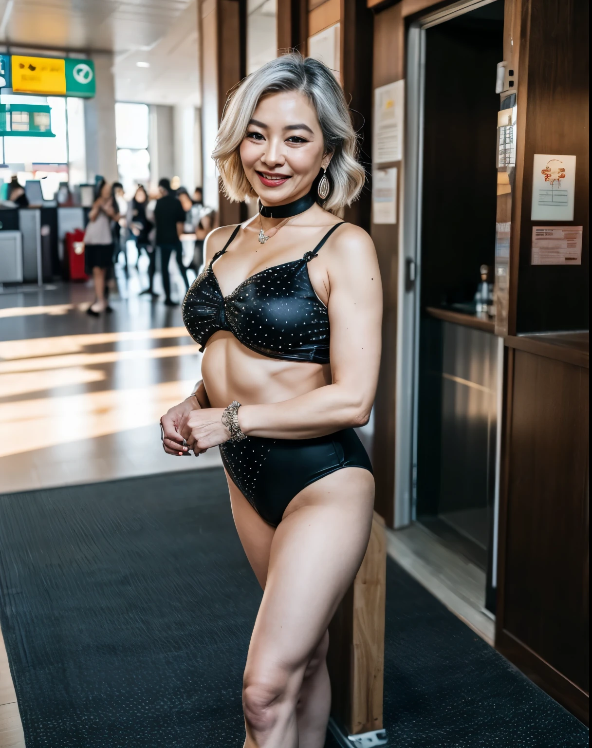 75 years old　mom　milf　Korean, Lady　large earring　Big choker　navel piercing decoration　A bracelet　Silver Hair　realisitic　Gorgeous Madame Beautiful Mature Woman　sexly　Smile　Gentle woman navel piercing　４K　High quality ticket counter　Traveler　High leg leotard　athlete　Gymnast　crowd　Meet and greet
