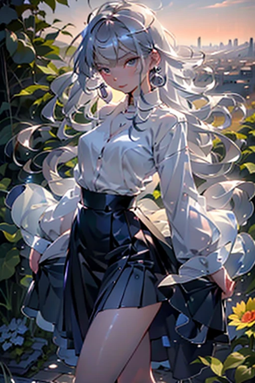 Girl walking on a path, Path through a sunflower field, Path across the stream, Bridge over a stream, Distant City, I can see the city, Overlooking the city, girl, Silver Hair, Indigo eyes, blouse, Chiffon skirt, Midi Skirt, spirit, Long Hair, mysterious, Small breasts, anime, manga, beautiful girl
