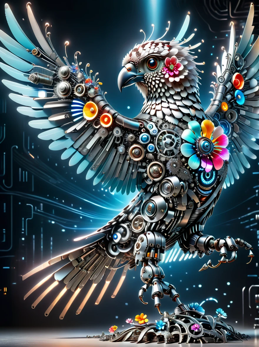 (3D，mechanical感，cute，ais-scrapyrd Phoenix，mechanical)，Colorful neon lights，高科技mechanical部件，Metal body，Detailed Vibranium Flower Design，Vibrant colors，Dynamic glowing flowers，Reflective metal surface，Bright environment，Dynamic poses，Exquisite existence，Skills Improvement，互锁mechanical齿轮，Stylish design，motion blur effect，Detailed metal treatment，Sci-fi atmosphere，Streamlined aerodynamic shape，Laser scanning pattern，Holographic projection，LED light track，Beautiful and unforgettable，Advanced sensors，Complex algorithms，Ominous and mysterious atmosphere，Electric Spark，Shiny chrome，Propulsion systems of the future，(Best quality，8k，high resolution，masterpiece:1.2)，Super detailed，(whole body:1.8)​